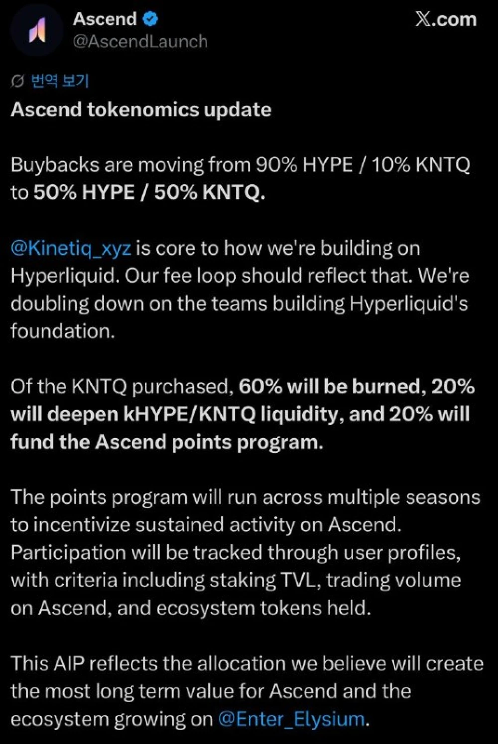 Ascend cuts buyback split to 50:50, burns 60% KNTQ