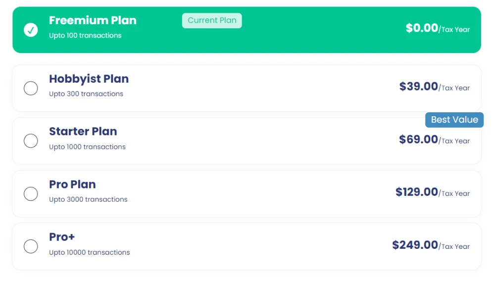 Стоимость подписки, чем отличаются можно посмотреть здесь (https://app.kryptoskatt.com/plans)