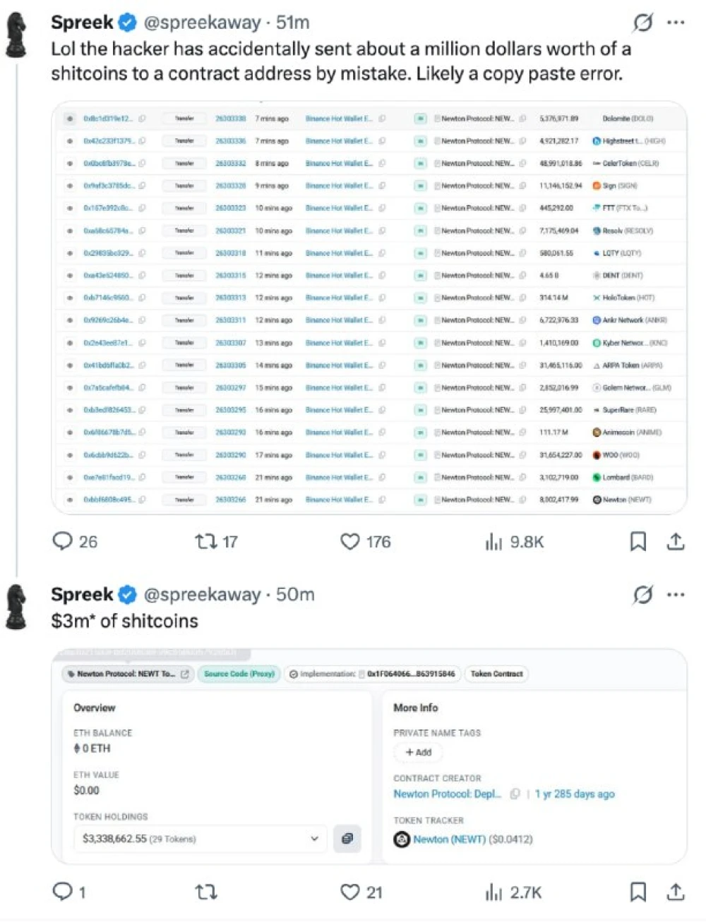 Binance hacker sent $1M tokens to Newton token contract