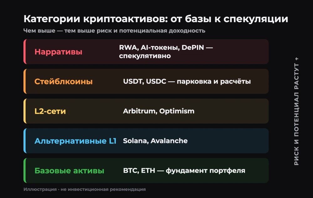 Категории криптоактивов: от базовых BTC/ETH к спекулятивным нарративам