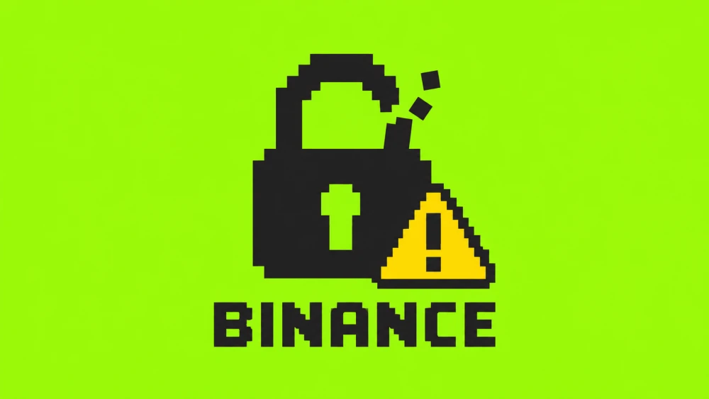 Пиксельный сломанный замок и надпись Binance на салатовом фоне