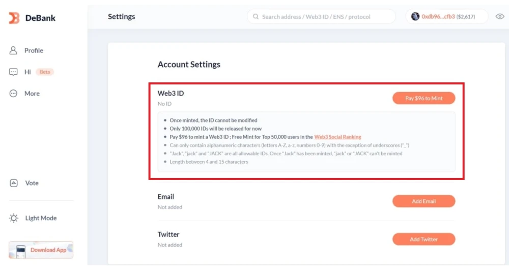 Минт WEB3 ID на DeBank