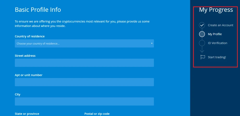 Необходимые к заполнению поля при создании аккаунта на Bittrex