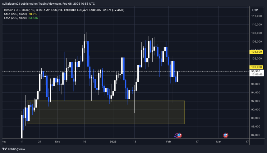 BTC testing liquidity below $100K mark | Source: BTCUSDT chart on TradingView