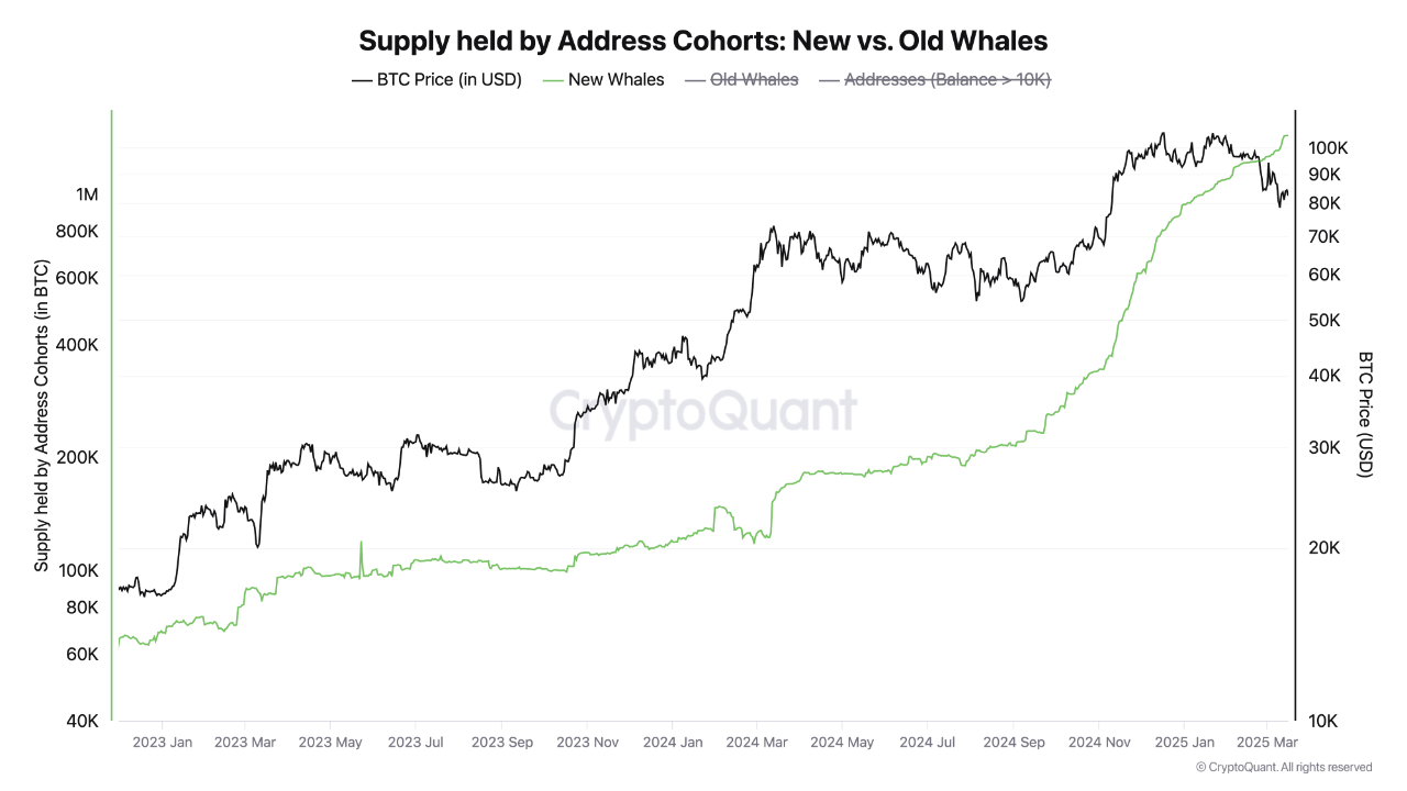 Bitcoin supply held by new vs old whales