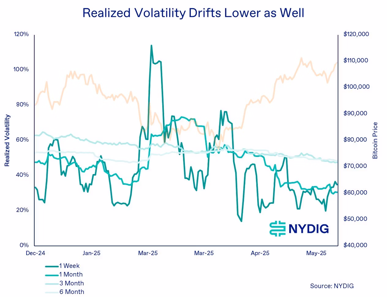 Bitcoin's realized volatility is also declining. (NYDIG Research)