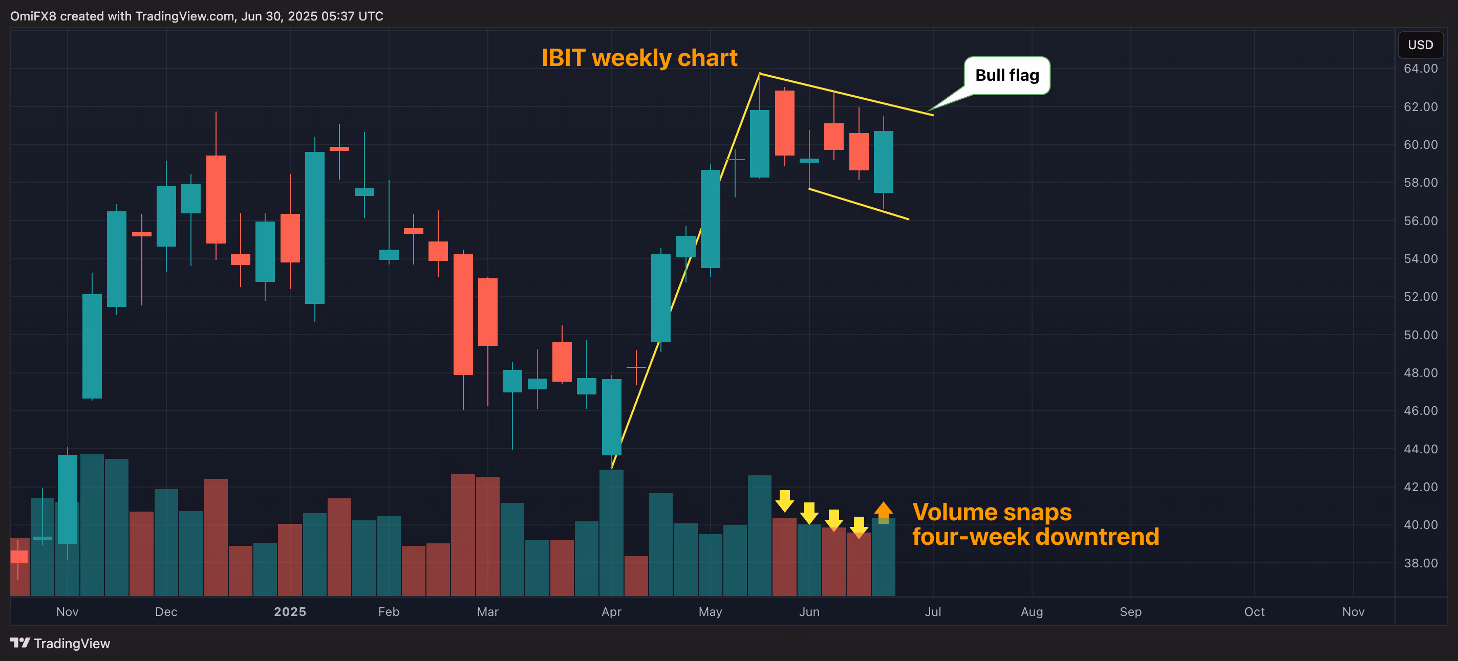 IBIT's weekly chart with trading volumes. (TradingView/CoinDesk)