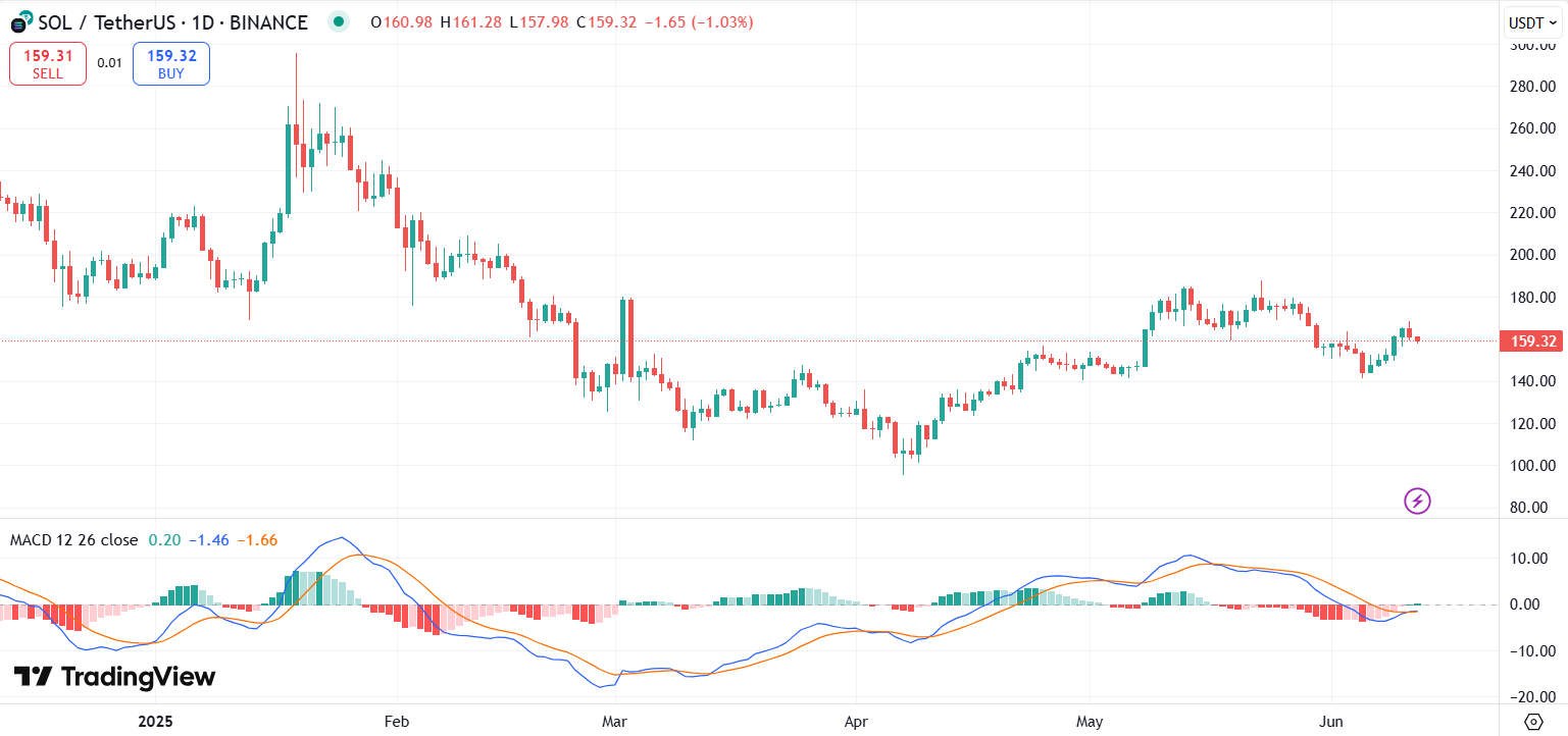 График цены SOL с MACD | Источник: Trading View