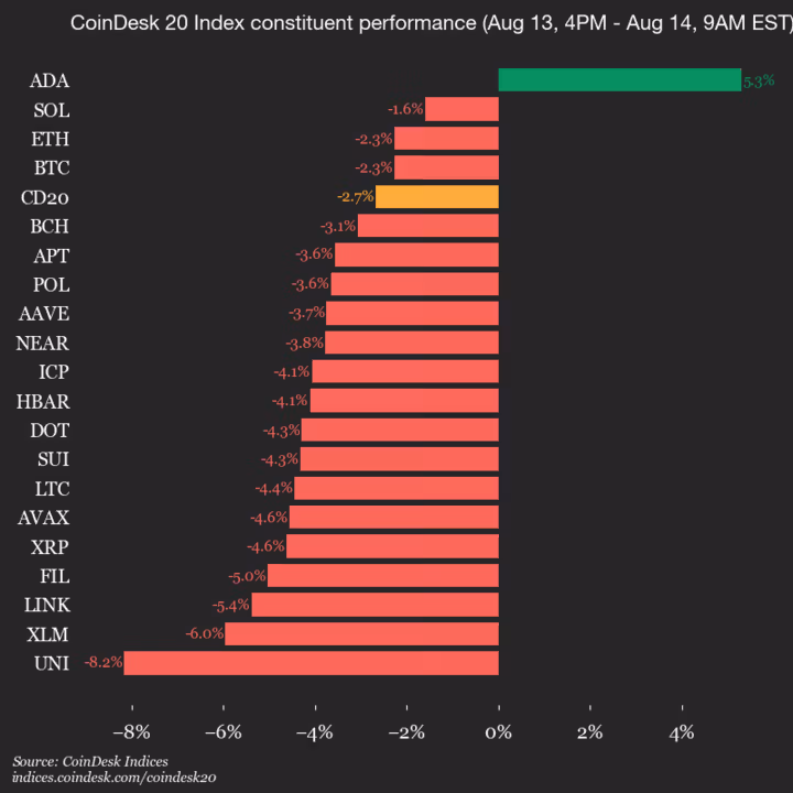 9am CoinDesk 20 Update for 2025-08-14: vertical