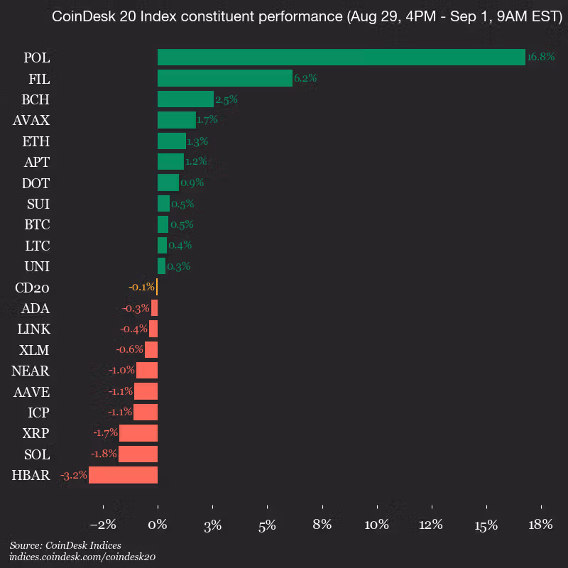 CoinDesk 20 performance Aug. 29 - Sep. 1 (CoinDesk Indices)