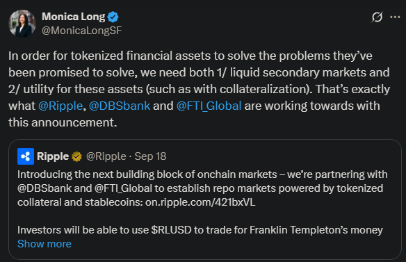 Monica Long’s X post announcing the partnership with DBS and Franklin Templeton