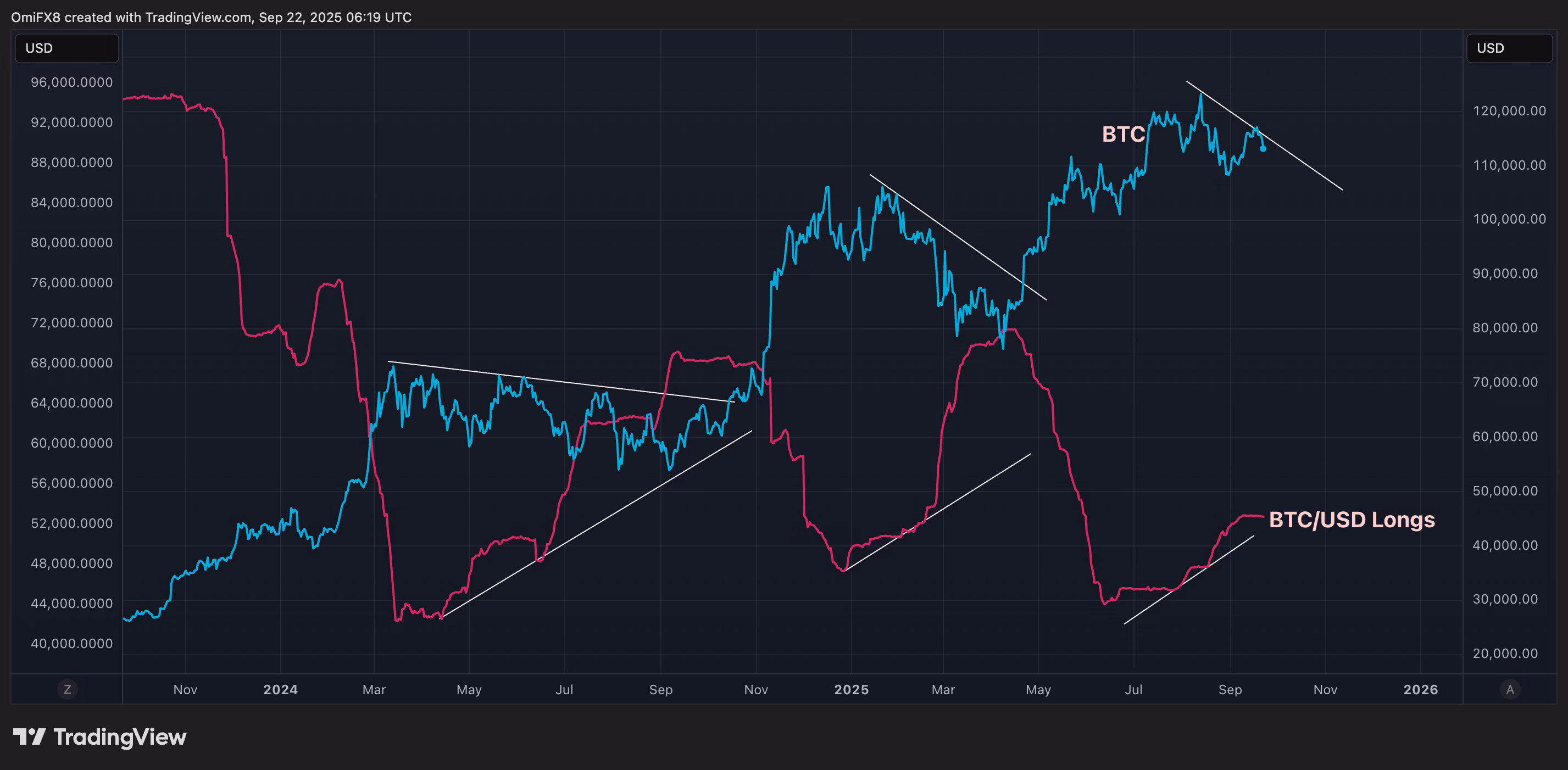 Долгие позиции BTCUSD на Bitfinex против спотовой цены BTC. (TradingView/CoinDesk) Дневное сравнение долгих позиций BTC/USD на Bitfinex и спотовой цены BTC. (TradingView/CoinDesk)