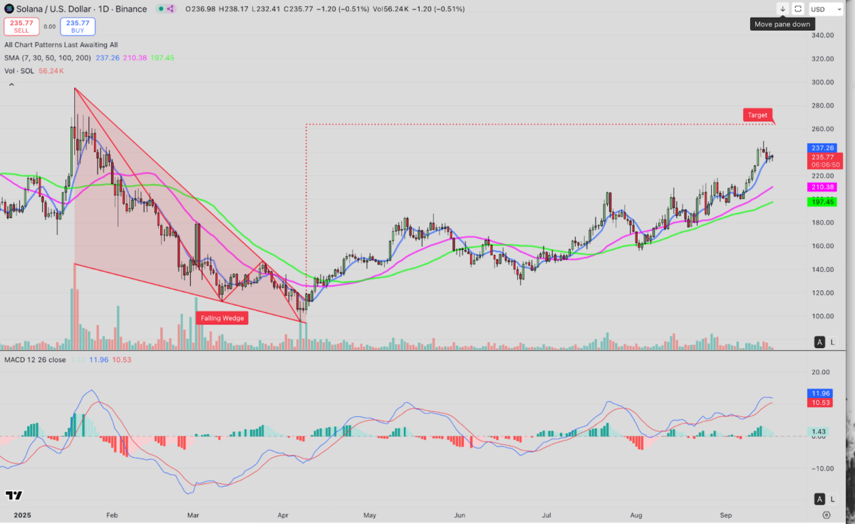 Технический анализ Solana (SOL) | График SOLUSD за 24 часа, TradingView, 17 сентября 2025 года
