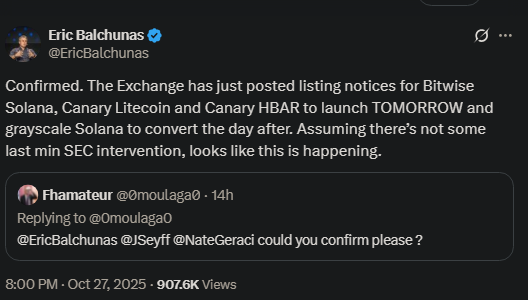 Eric Balchunas’s X post confirming the news about the Litecoin ETF.