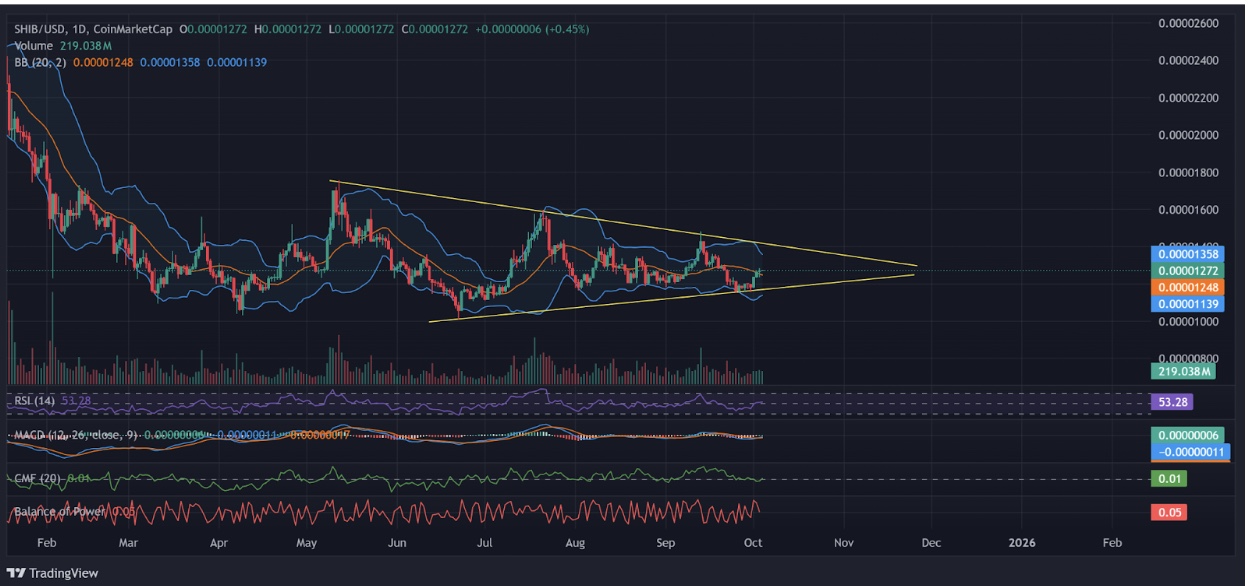 Динамика цены SHIB внутри сужающегося треугольника | Источник: TradingView