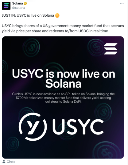 Анонс Circle о $USYC на Solana в X