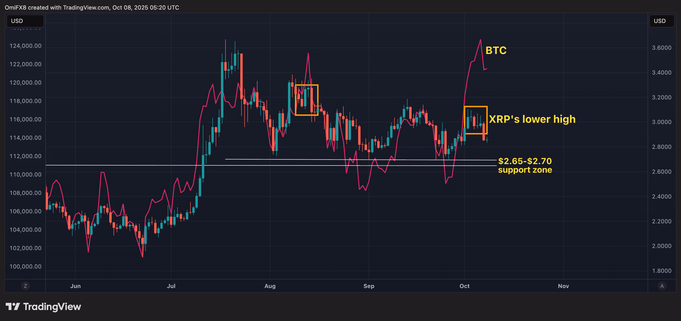 XRP and BTC's daily charts. (TradingView/CoinDesk)