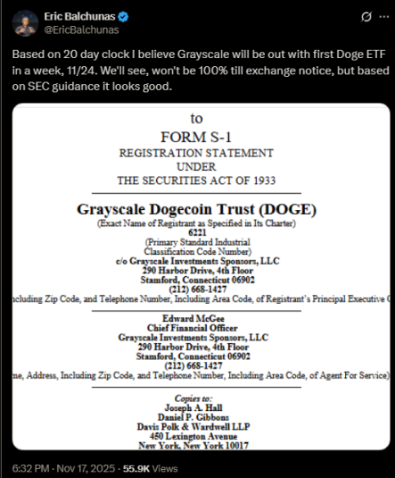 Eric Balchunas’ X post speculating on Grayscale’s Dogecoin ETF launch date.