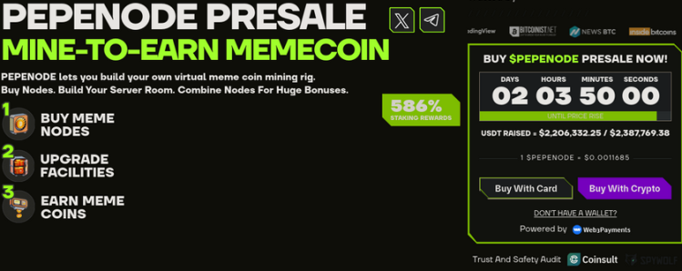PEPENODE mine-to-earn utility and presale widget.