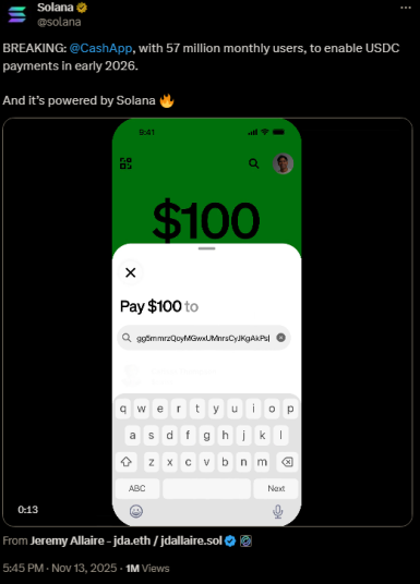 Solana анонсирует, что Cash App будет поддерживать платежи в $USDC в начале 2026 года.