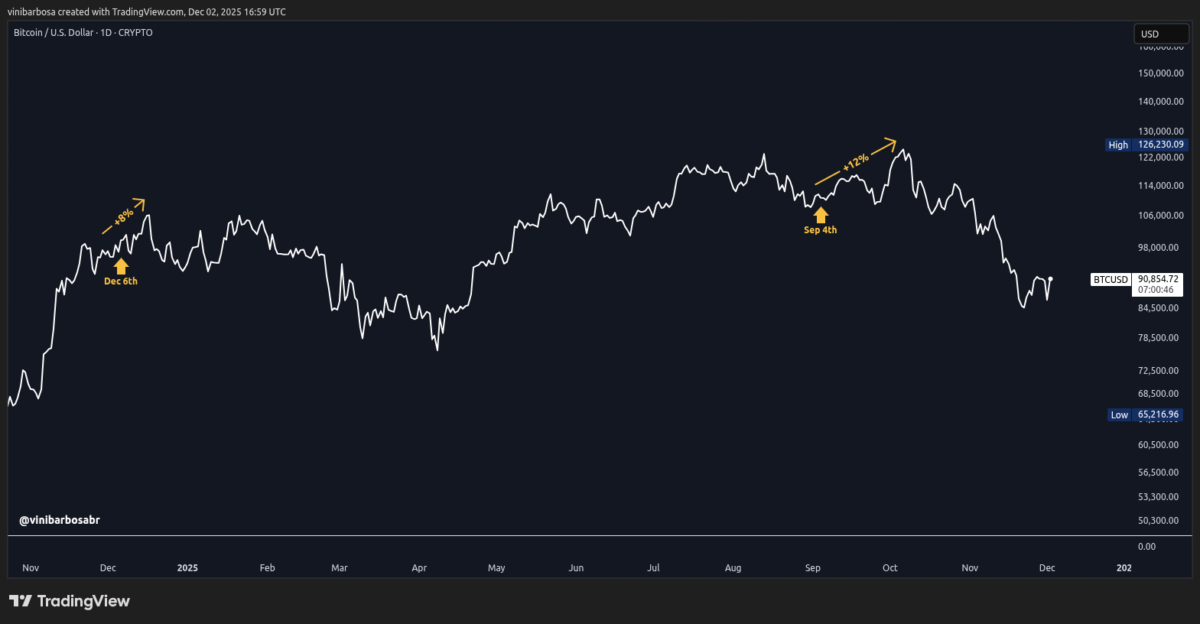 Bitcoin (BTC) one-year price chart, with Tether mints and rallies, as of December 2, 2025 | Source: TradingView