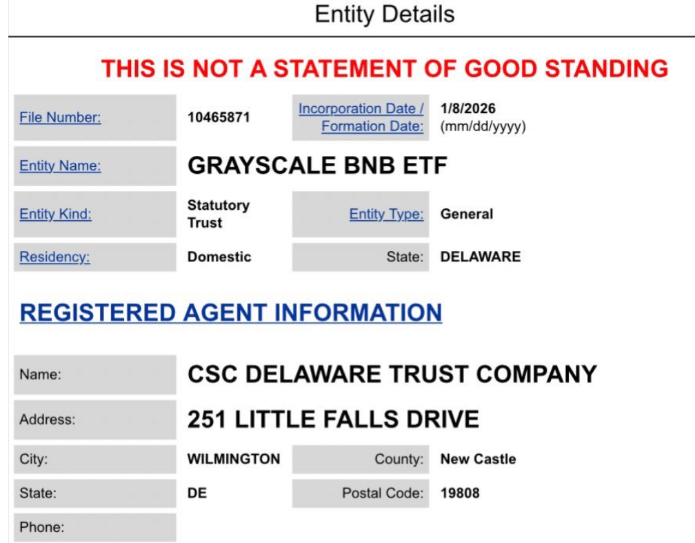 Grayscale BNB ETF Filing | Source: Delaware Gov. Website