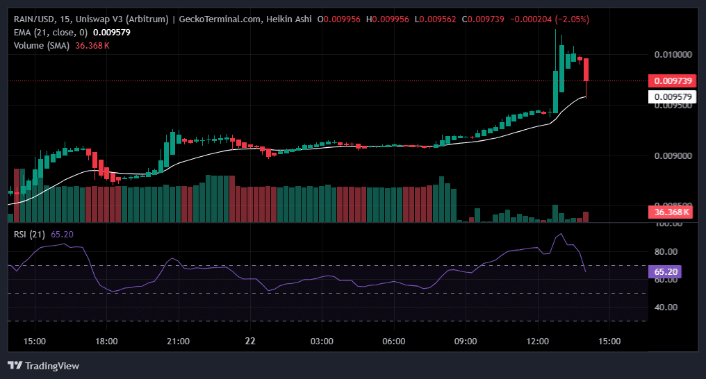 График RAIN/USD с 15-минутным интервалом, показывающий скачок цены до $0,01 22 января. | Источник: GeckoTerminal