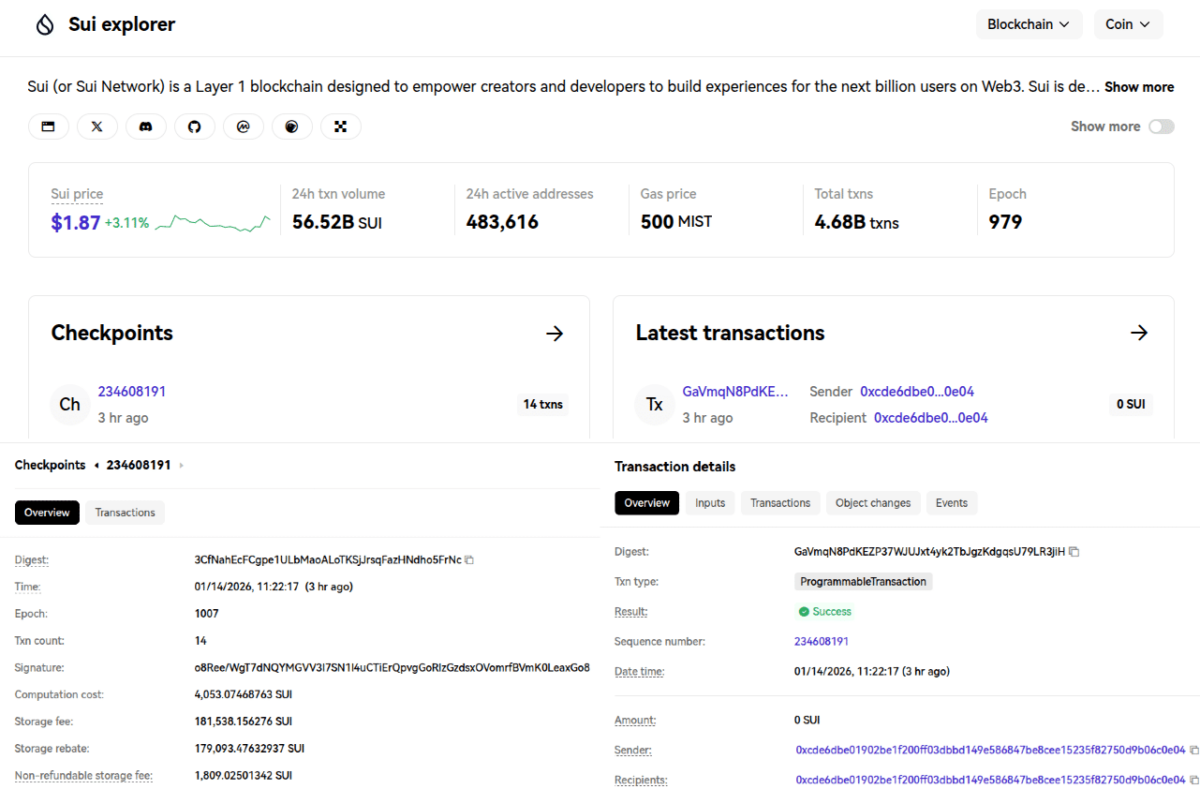 Sui explorer по состоянию на 14 января 2026 года, 17:36 UTC | Источник: OkLink