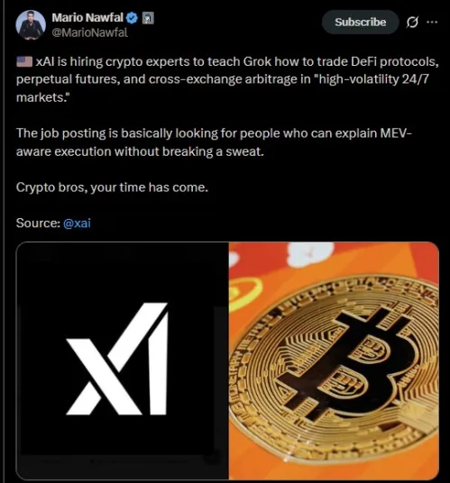 Mario Nawfal's X post announcing xAI hiring crypto experts.