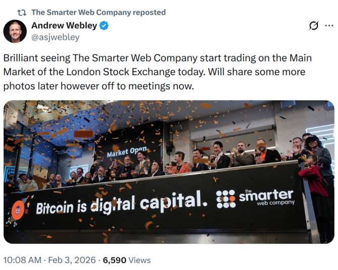 X post showing Smarter Web Company starting to trade on LSE.