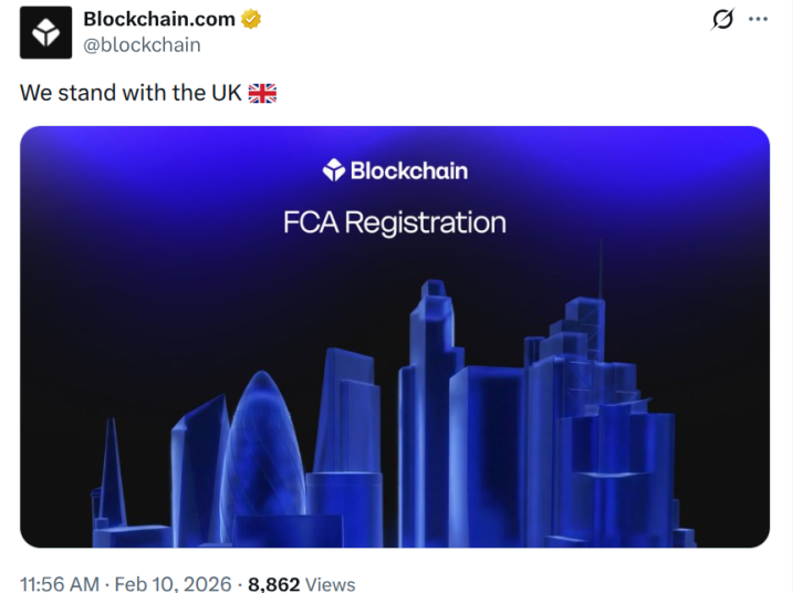 Пост о регистрации Blockchain.com в FCA на X.