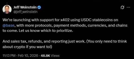 Jeff Weinstein announcing the x402 model.