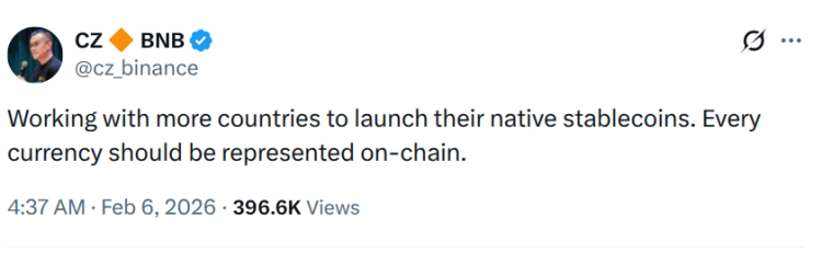 Changpeng Zhao's X post about each currency being represented on-chain.