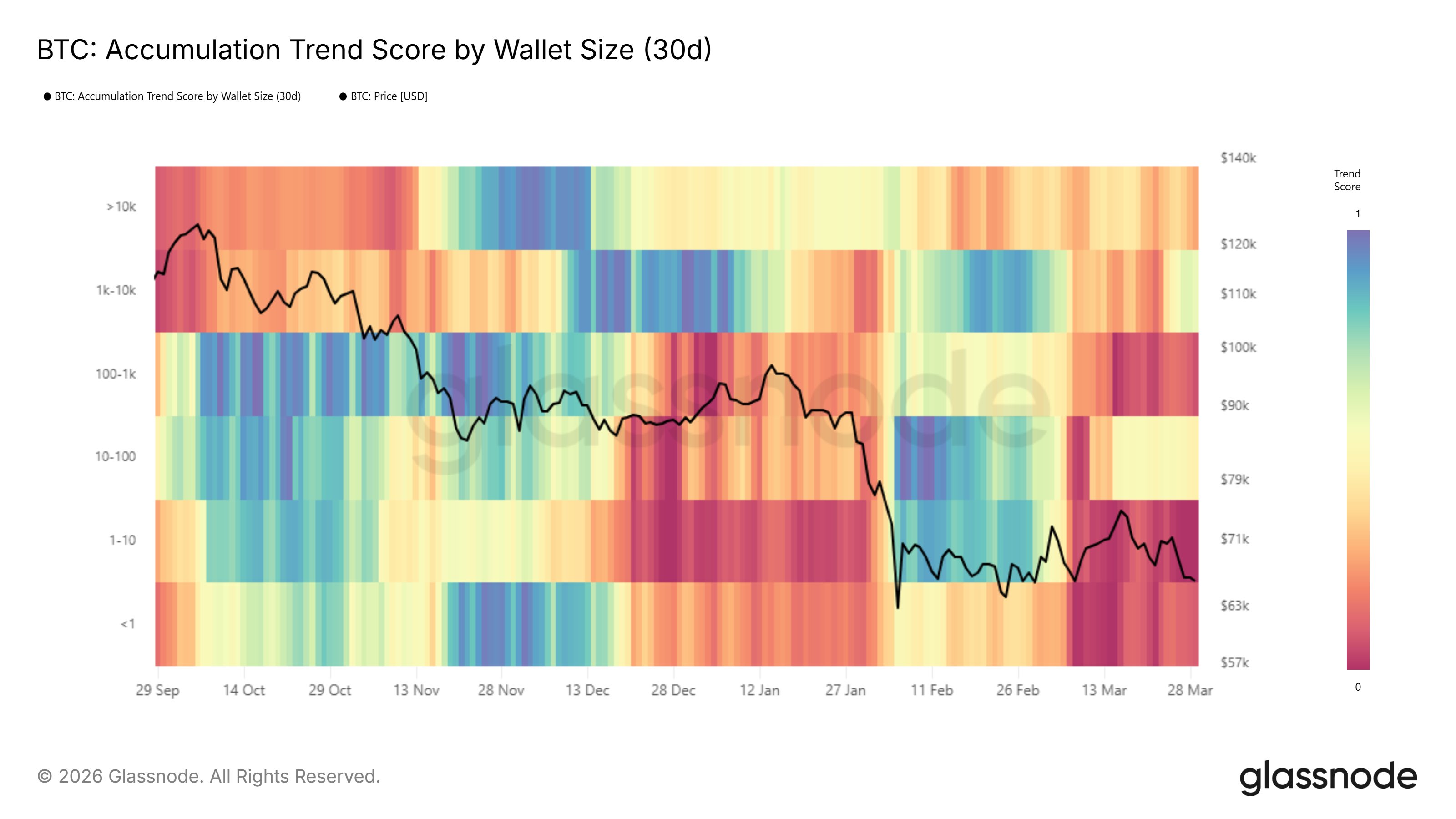 Bitcoin Accumulation Trend Score by wallet size, Glassnode