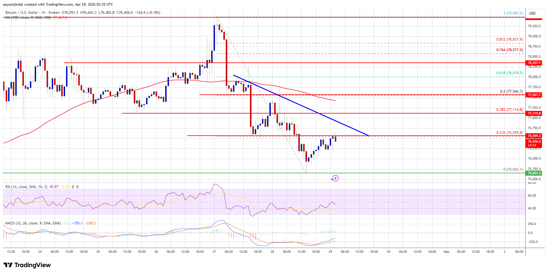 Bitcoin price intraday chart with trend line and key levels