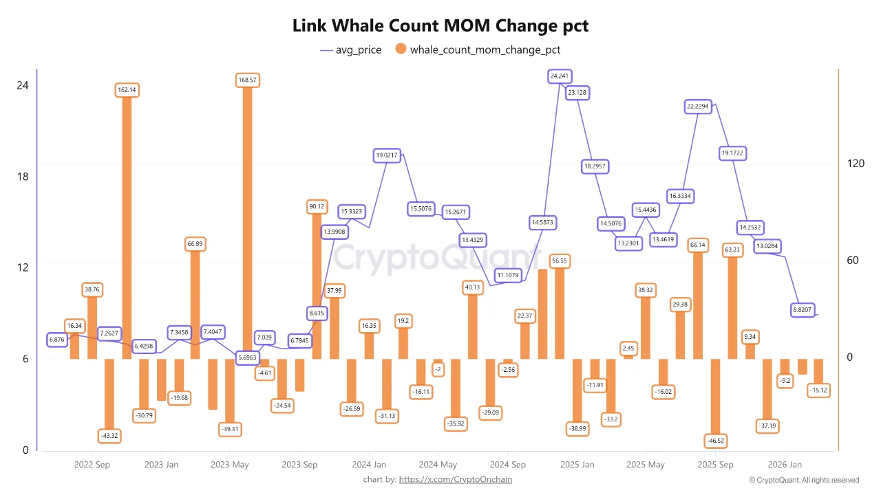 LINK whale count MoM change, CryptoQuant