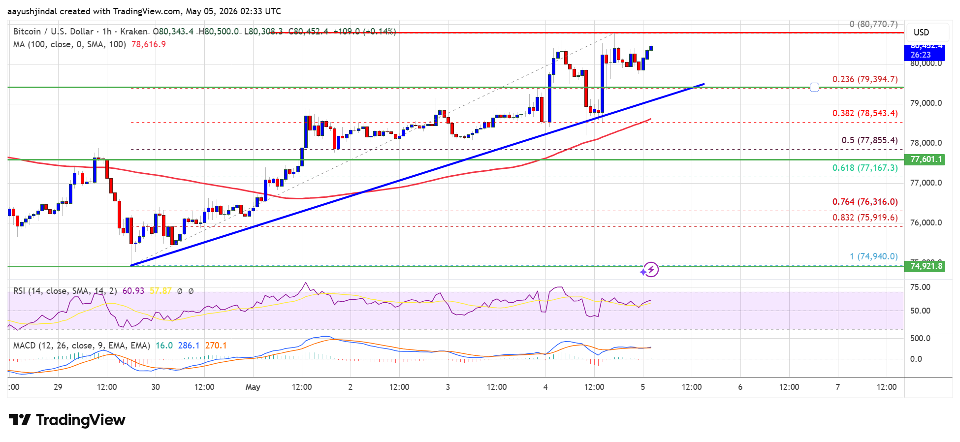 Bitcoin hourly price levels and trend line