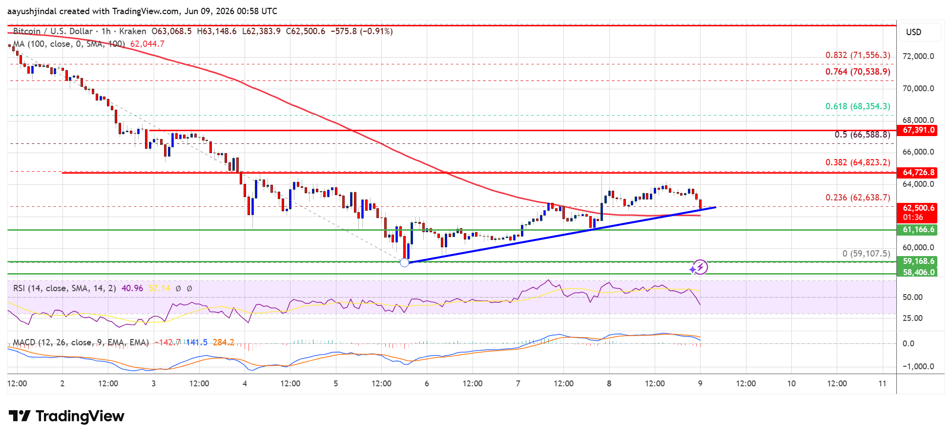 Bitcoin hourly chart with key levels