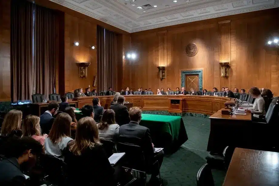 Interior of the Senate Banking Committee room during a session with attendees.