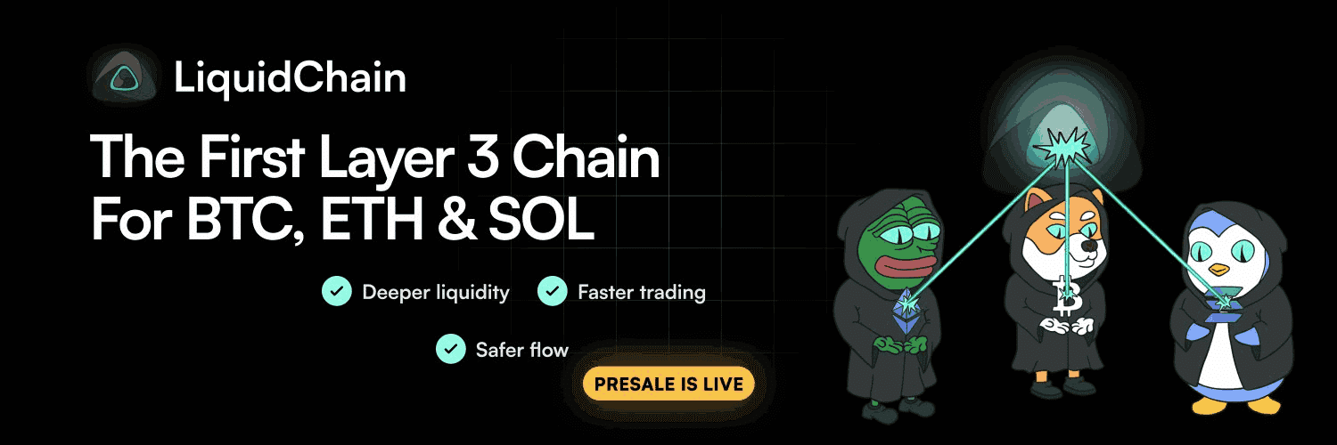 LiquidChain promotional banner showing the project logo and mascot characters