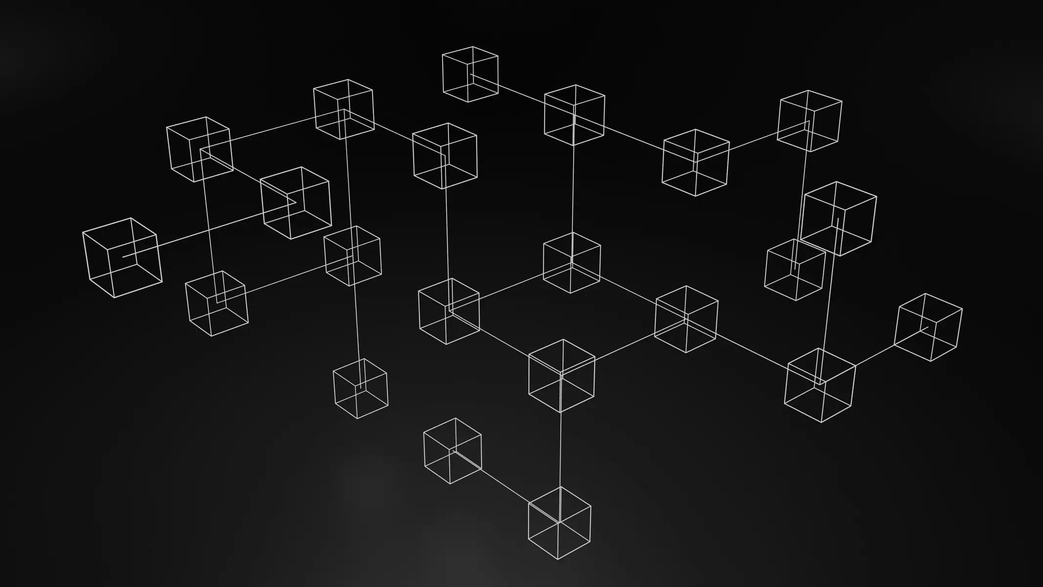 A 3D illustration of connected white wireframe cubes on a black background.